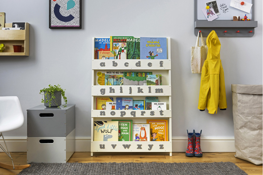 White bookcase with grey lettering