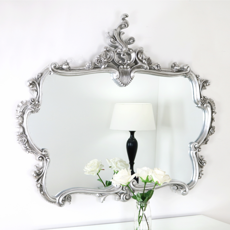 Platinum Silver Ornate Overmantle Mirror